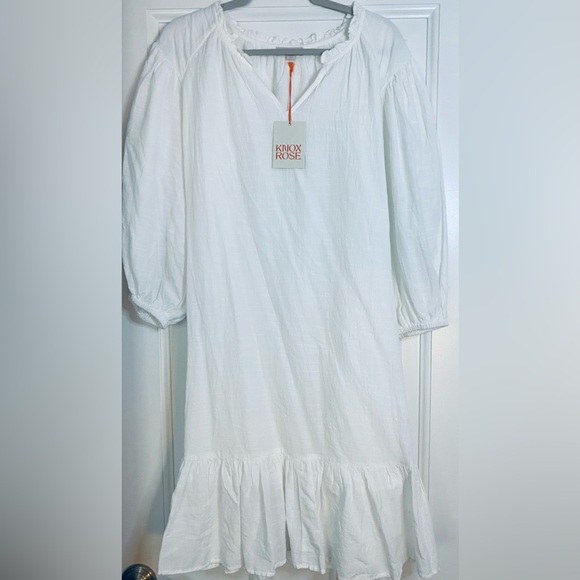 KNOX ROSE WHITE COTTON/LINEN MIDI DRESS/COVER-UP WITH REMOVABLE WAIST TIE - Picture 3 of 4